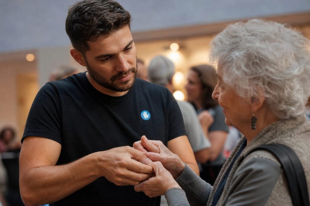 Guia intérprete acompanhando pessoa surda